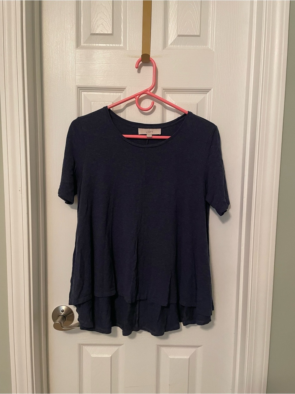 LOFT Navy Short-Sleeve Swing Tee with a high-low hem.